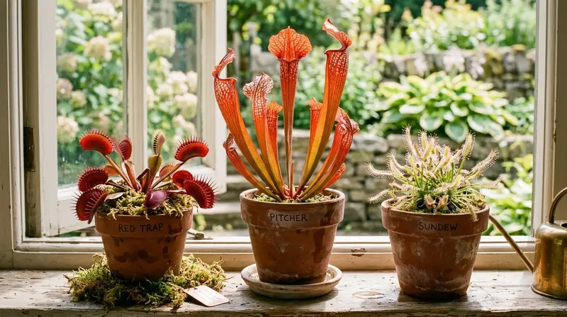Carnivorous plants UK collection of Venus flytrap sundew and pitcher plant on windowsill