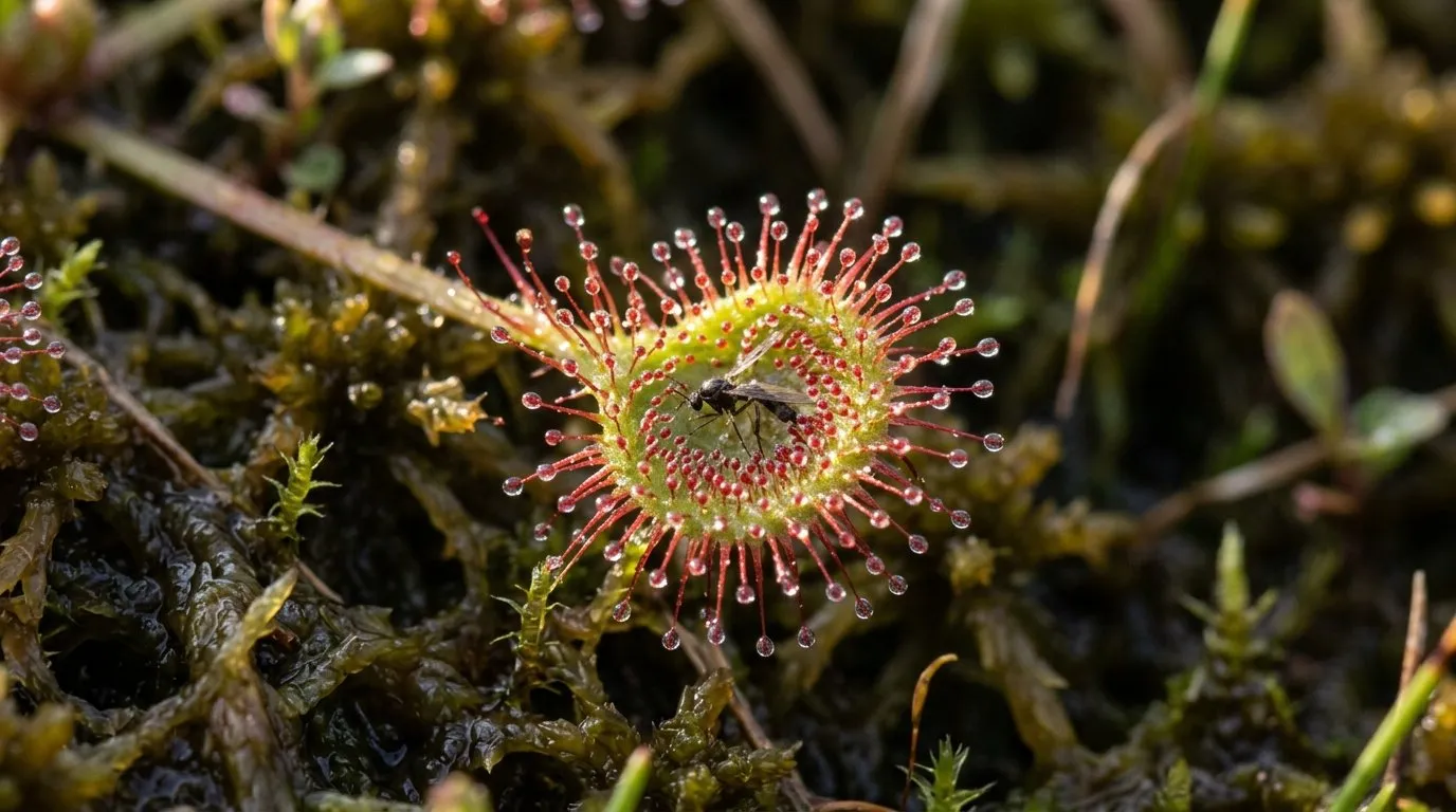 Macro close-up of sundew leaf with sticky droplets and a tiny insect caught