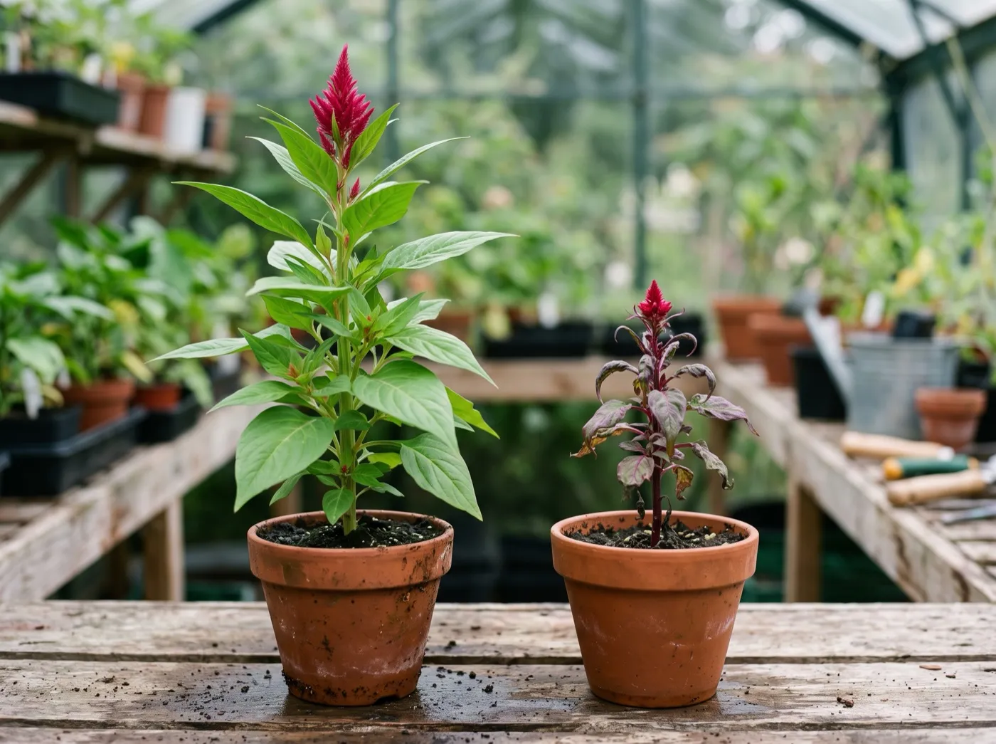 Healthy celosia seedling beside a stunted cold-checked plant with a premature flower head