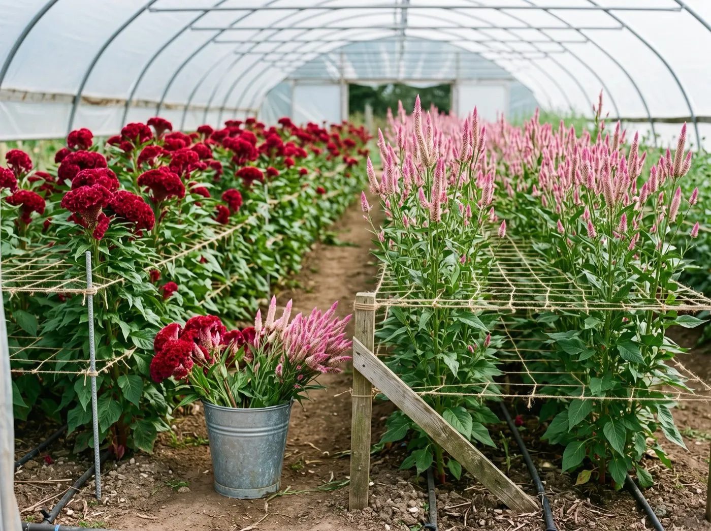 Rows of tall celosia with support netting in a UK cutting garden, bucket of cut stems alongside