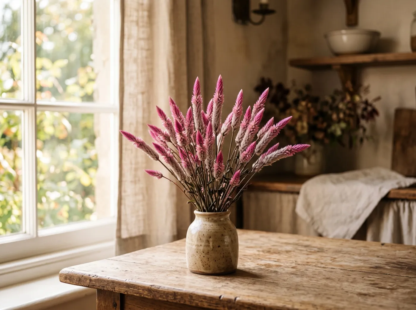 Dried celosia stems in a vase on a kitchen table, crimson and pink heads holding their colour
