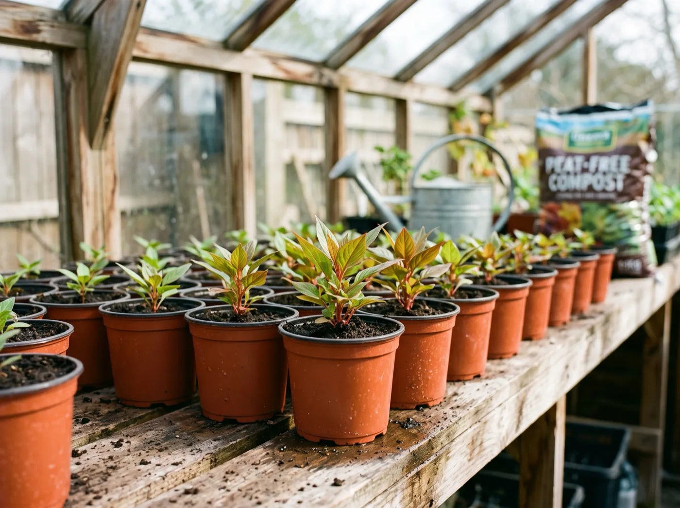 Celosia plug plants potted on into 9cm pots in a bright frost-free greenhouse