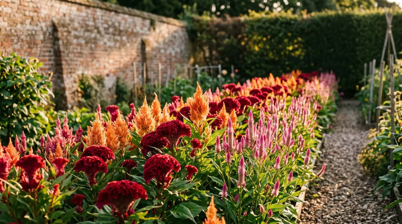Crimson and orange celosia flowering in a UK cutting garden row in late summer sun