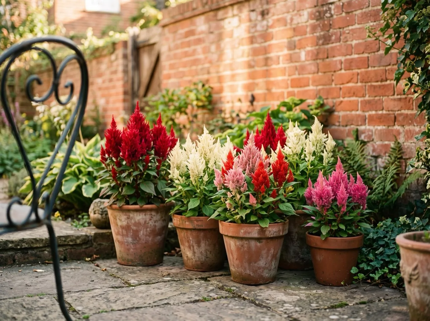 Dwarf plumed celosia in terracotta pots on a warm patio in a UK terraced garden