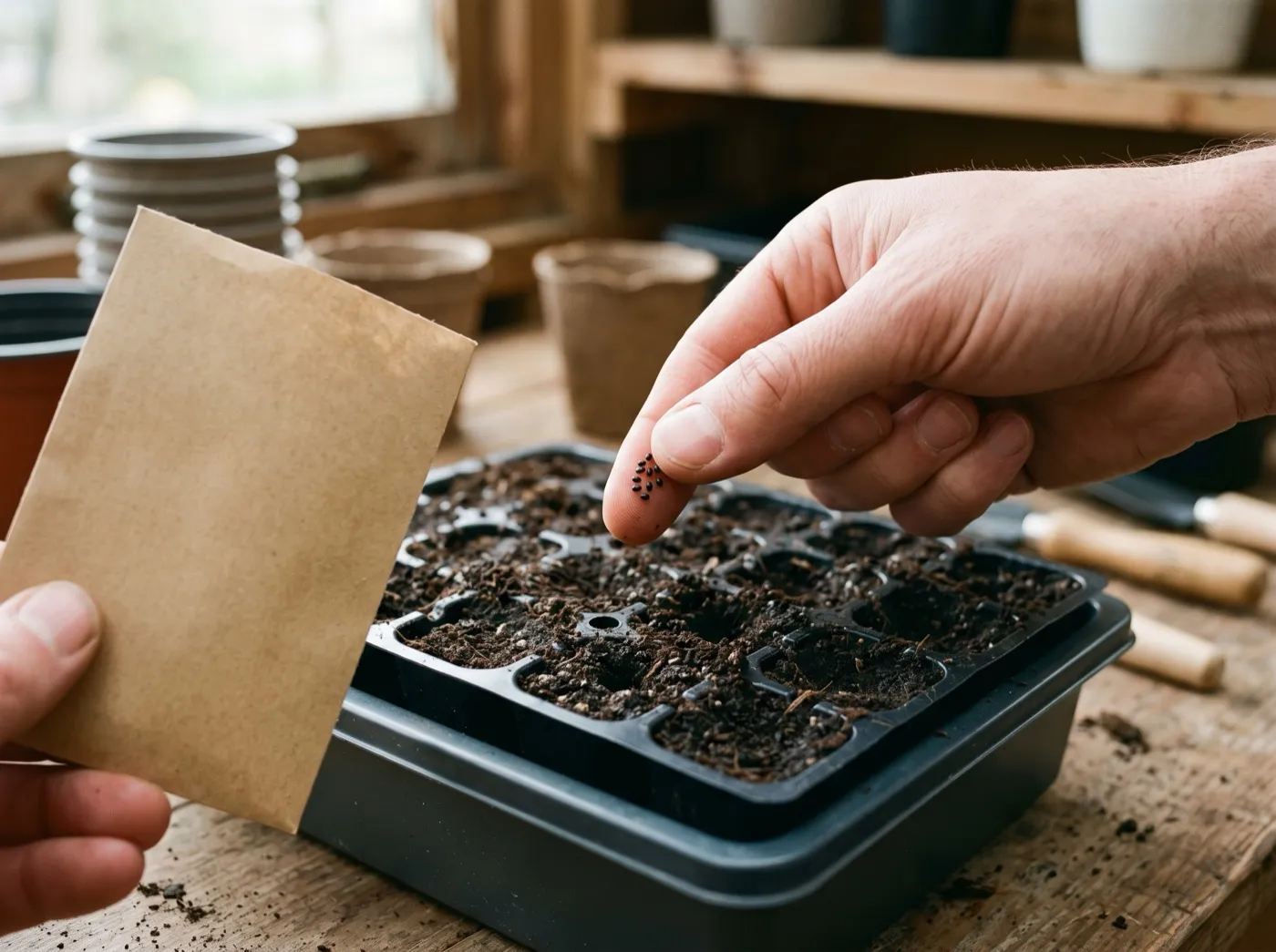 Sowing celosia seed into module trays on a heated propagator in early spring