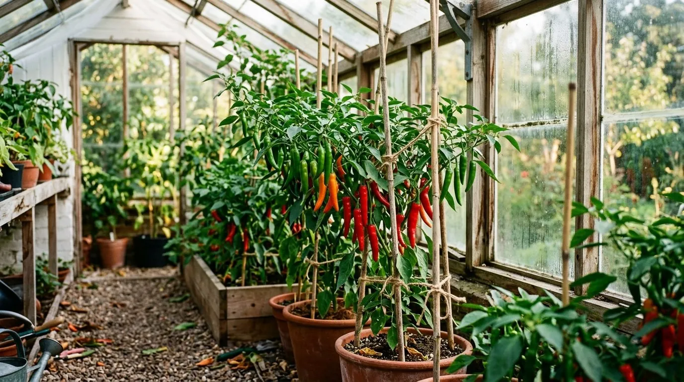 Chilli plants carrying green, orange and red fruit in a traditional greenhouse
