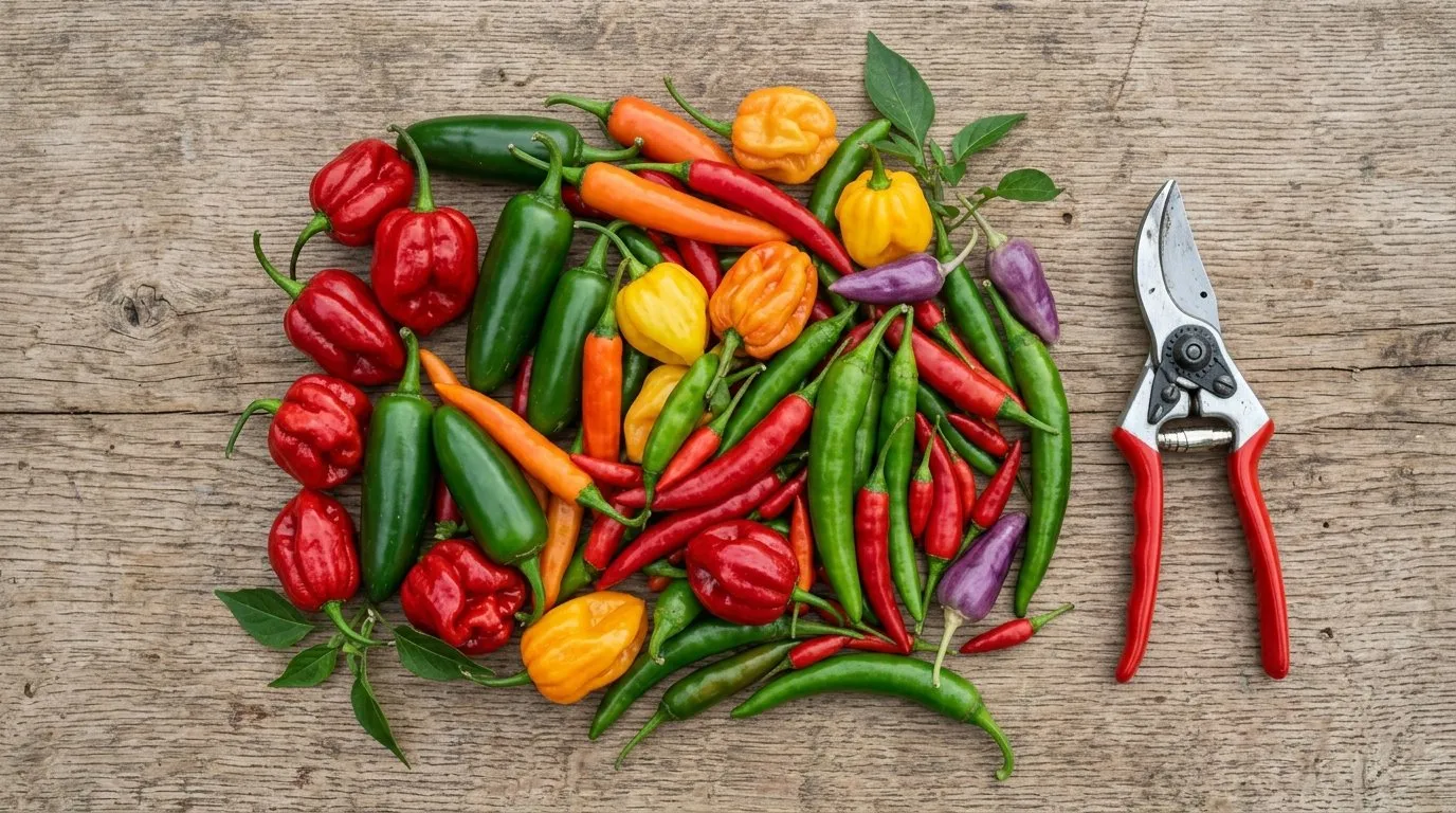 A freshly harvested selection of red, green, orange and yellow chillies on a wooden table
