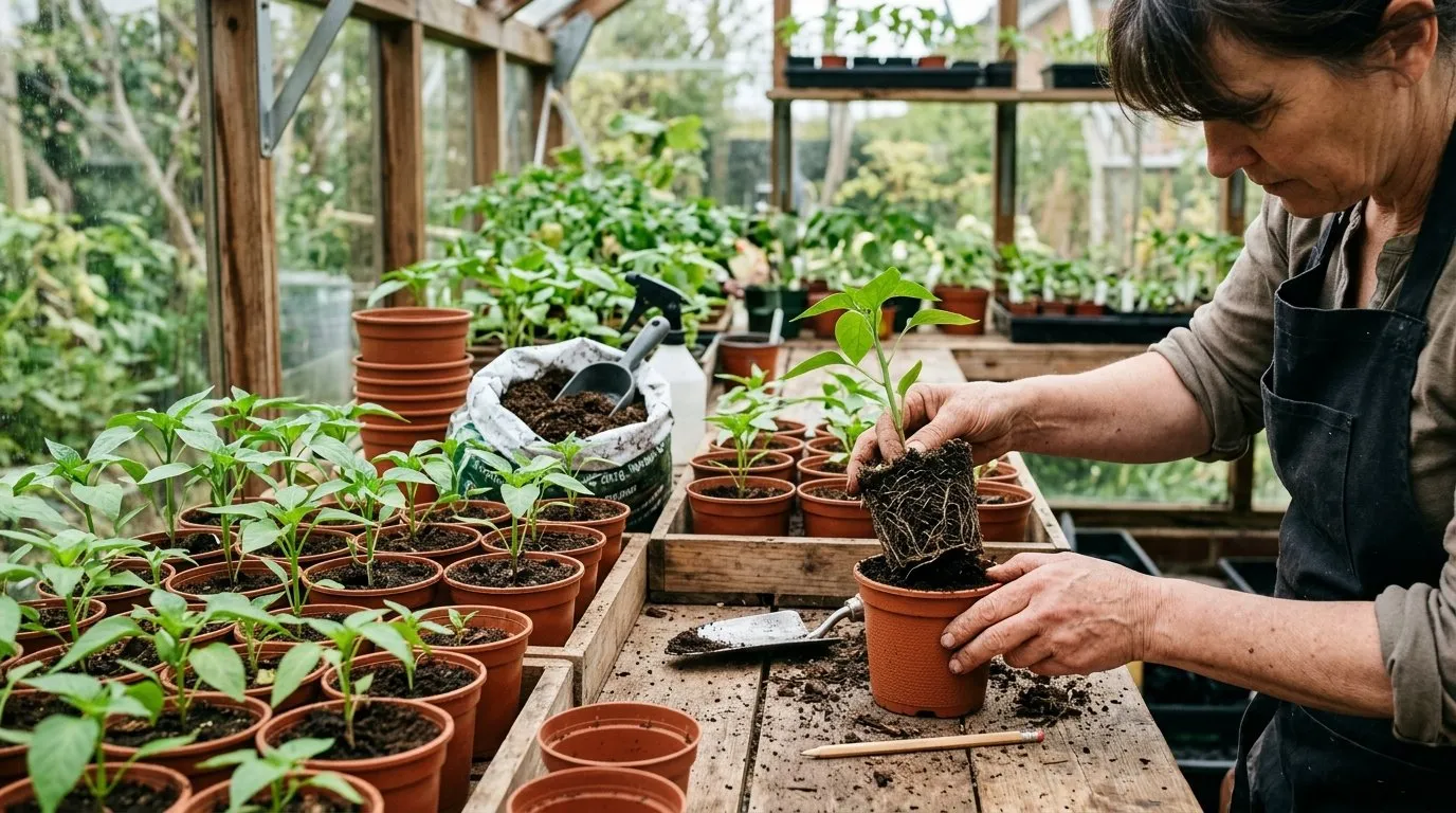A gardener potting on healthy young chilli plants in a greenhouse