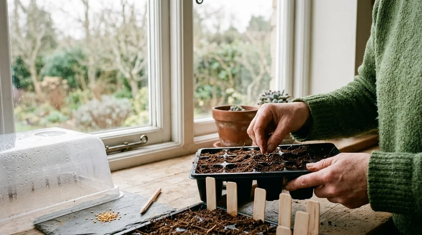 Chilli seeds being sown into modules beside a bright window in a UK home