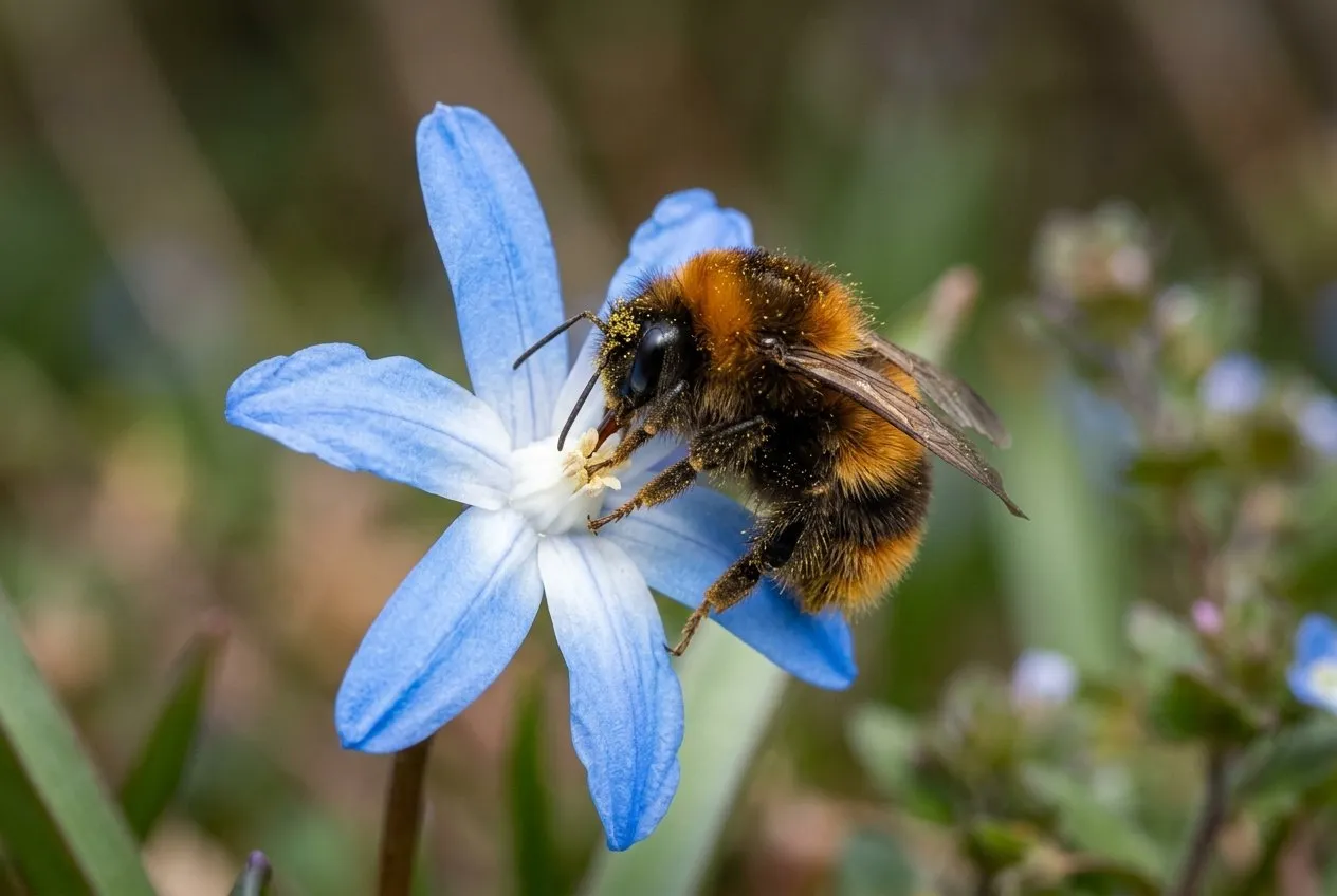 An early-season bumblebee queen feeding on a sky-blue chionodoxa flower with visible pollen