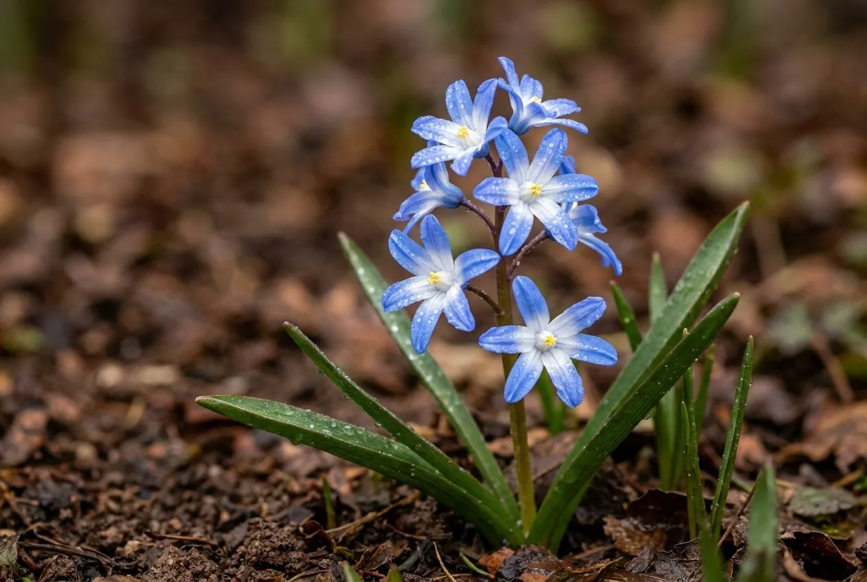 Macro close-up of a single sky-blue chionodoxa flower showing the flat six-pointed star shape and white centre