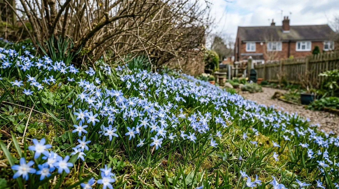 A carpet of sky-blue chionodoxa glory of the snow flowering under bare shrubs in a UK garden in late February
