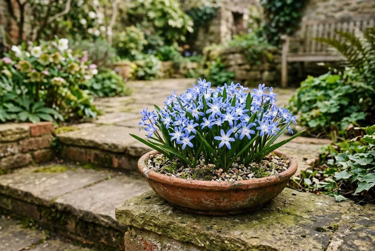 Blue chionodoxa flowering in a shallow terracotta pan on a stone patio step in a small UK courtyard garden
