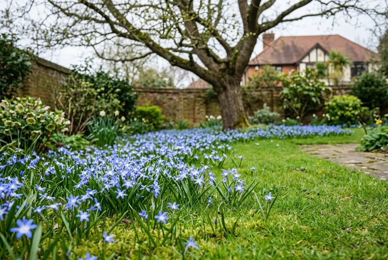 A drift of blue chionodoxa naturalised through short lawn grass under a mature deciduous tree in early spring
