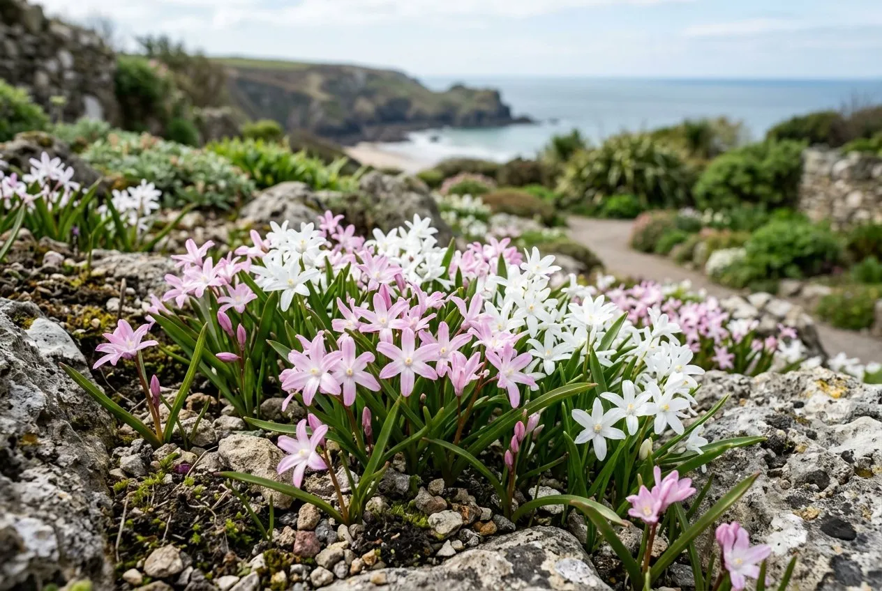 Pink and white chionodoxa varieties flowering together in a gritty rockery in a coastal UK garden