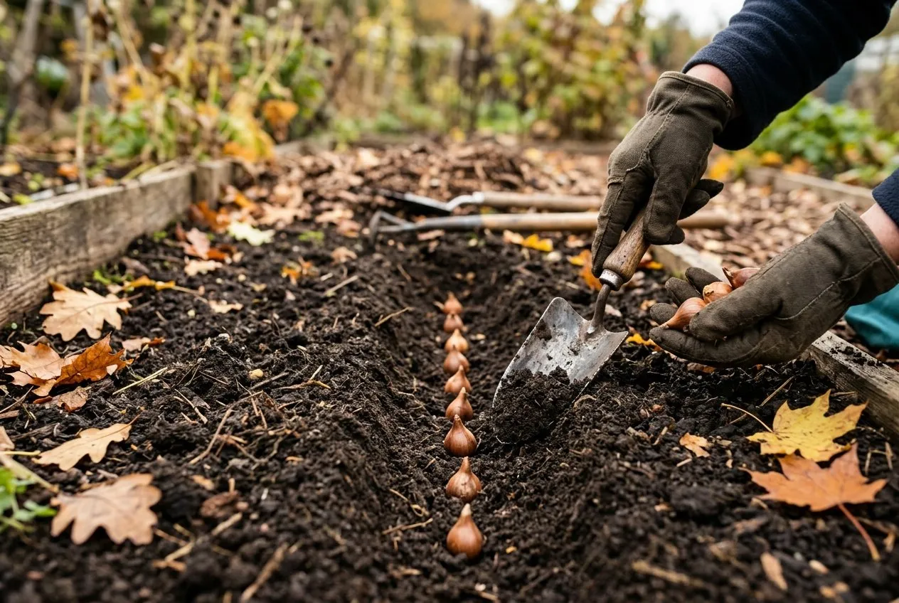 Hands planting small brown chionodoxa bulbs into dark autumn soil with a trowel on an allotment