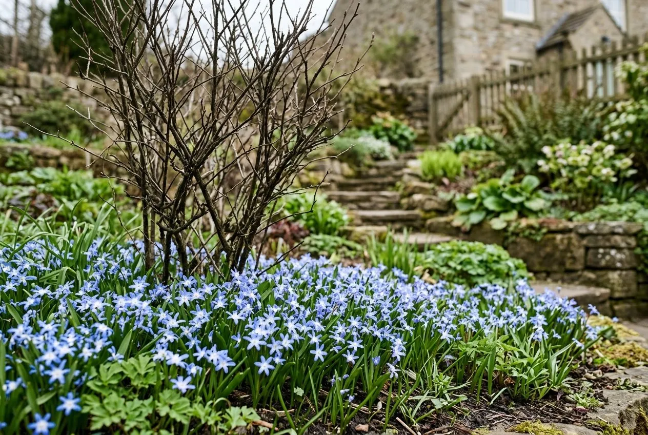 Blue chionodoxa flowering in a drift at the front of a border beneath a bare deciduous shrub with emerging perennials behind