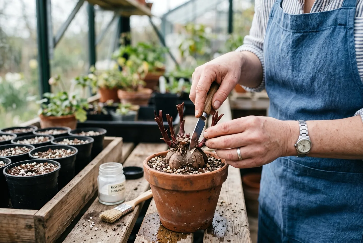 A gardener taking basal cuttings from a sprouting chocolate cosmos tuber, potting short shoots into gritty compost on a greenhouse bench