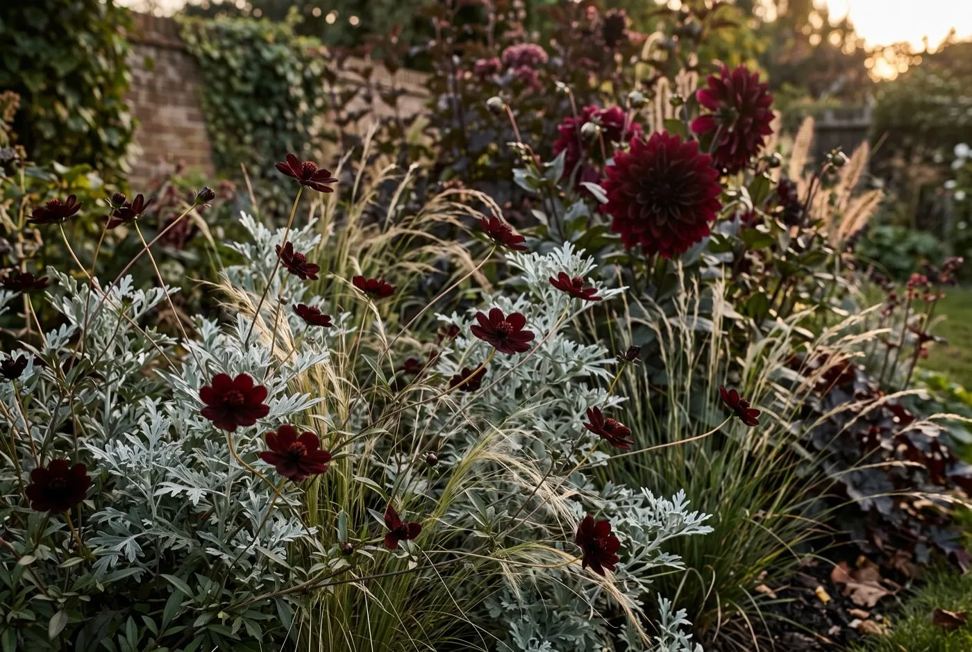 Deep maroon chocolate cosmos flowers threaded through silver foliage and grasses in a dark-themed suburban border
