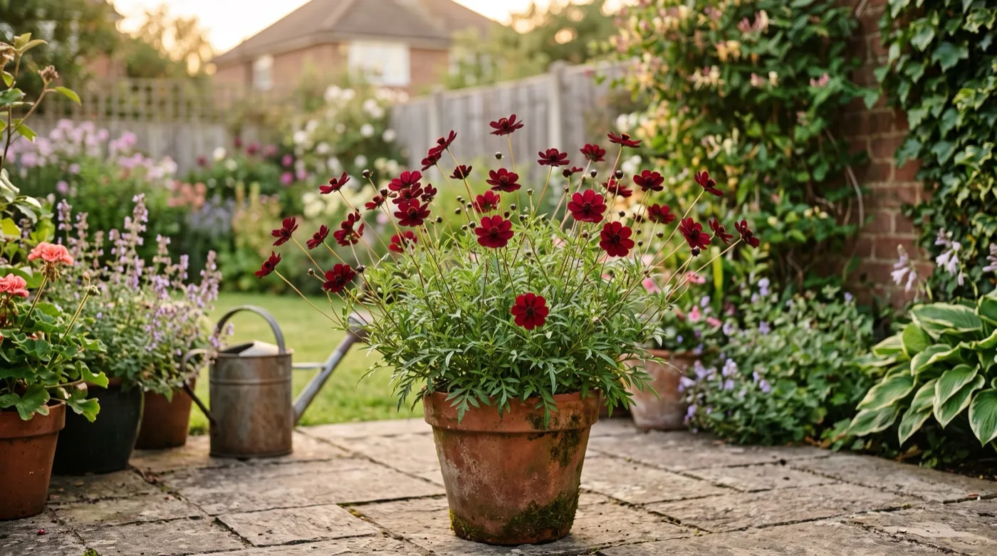 Deep maroon chocolate cosmos flowers on wiry stems in a terracotta pot on a UK patio