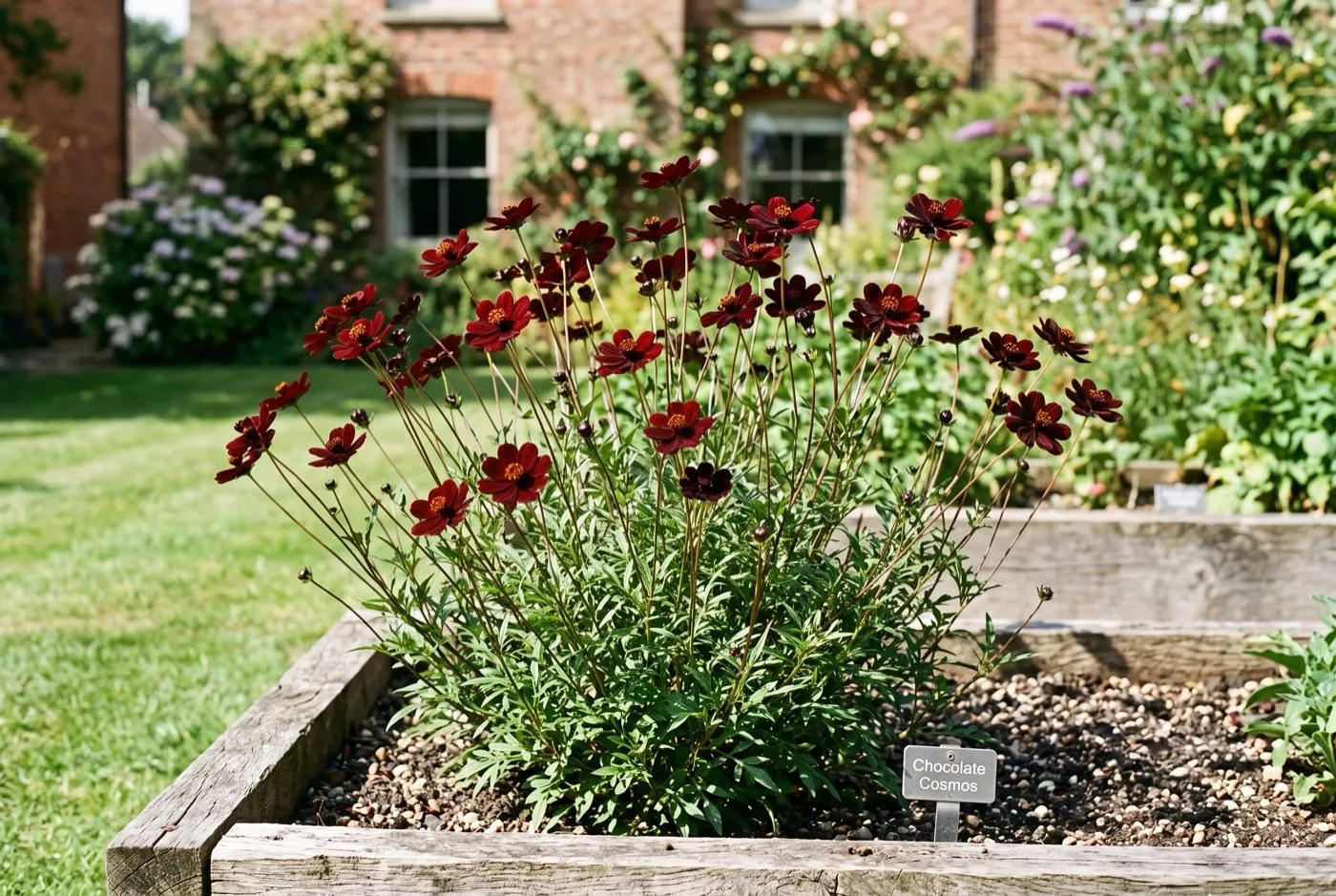 Healthy chocolate cosmos plants flowering in a raised bed in full sun in a British garden in late summer