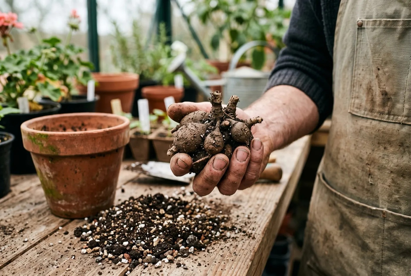 A dormant chocolate cosmos tuber held in a gardener's hand next to a terracotta pot and gritty compost in spring
