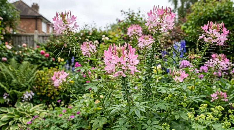 A drift of tall pink cleome spider flowers at the back of a UK garden border in midsummer