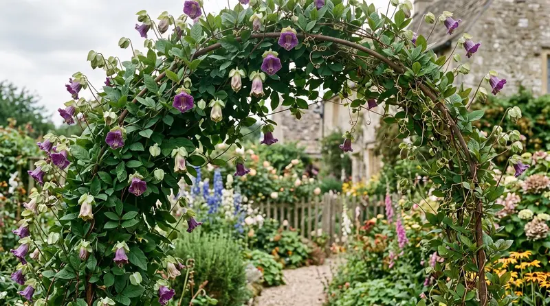 Cobaea scandens cup-and-saucer vine covering a support in a UK garden with purple bell flowers