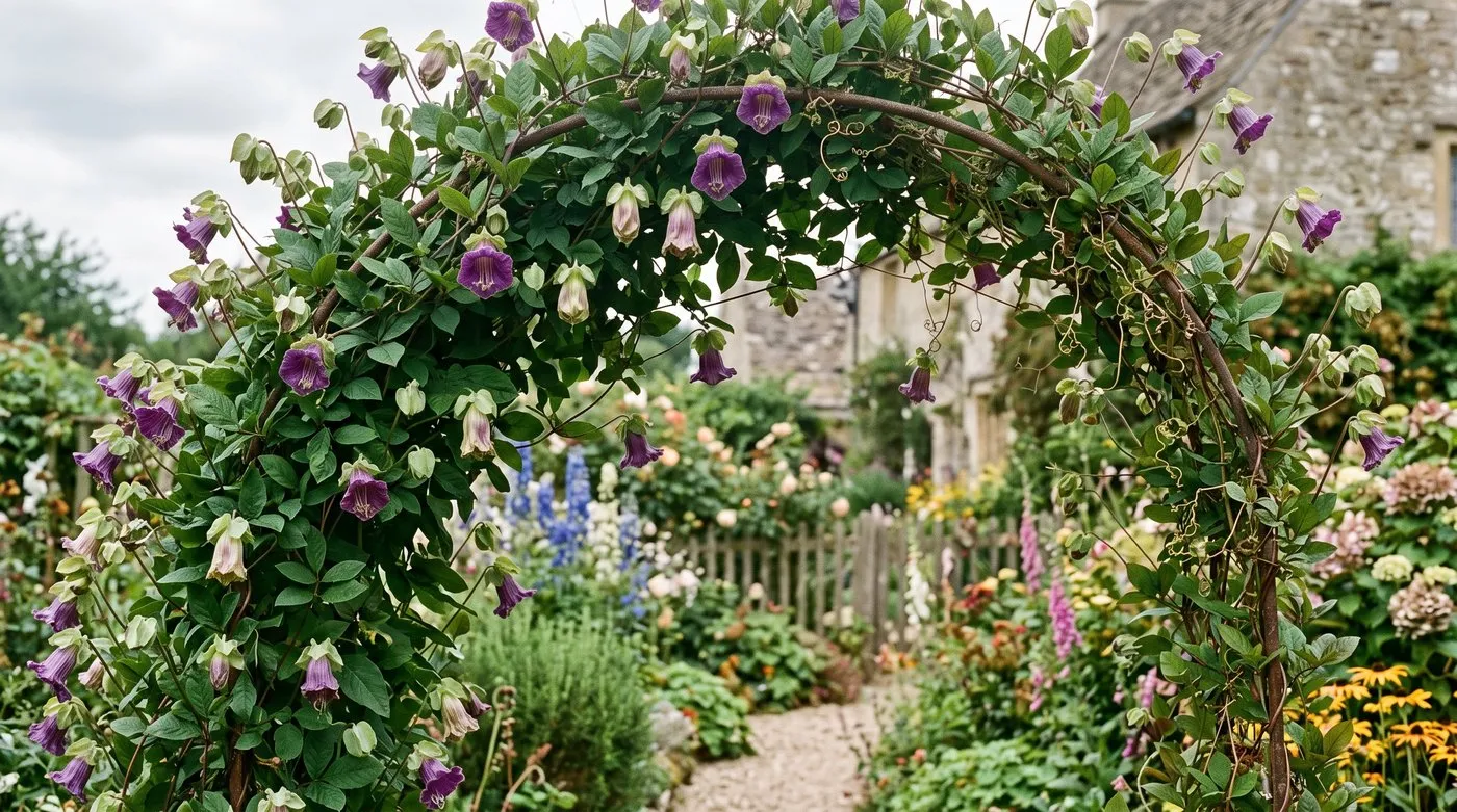 Cobaea scandens cup-and-saucer vine covering a garden support with purple bell-shaped flowers in a UK garden