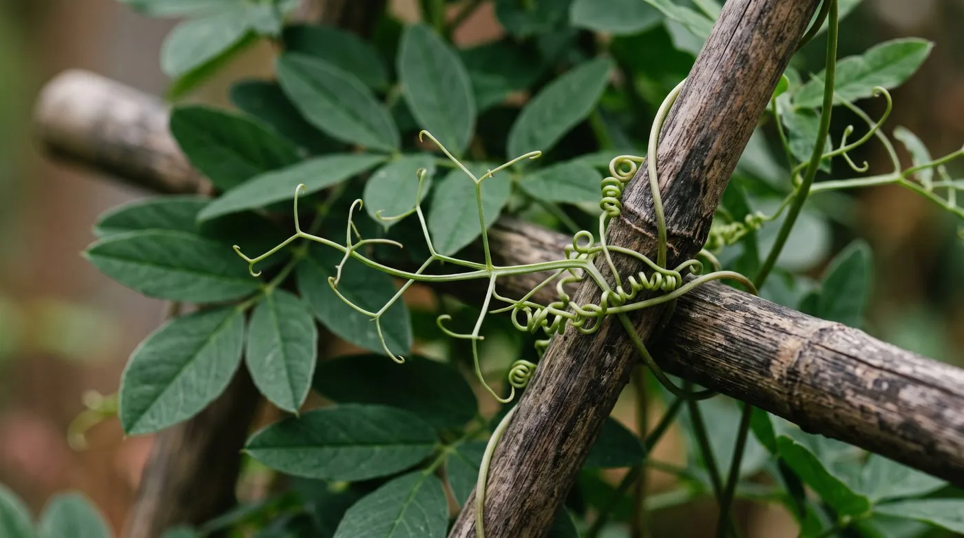 Close-up of branched cobaea tendrils with hooked tips gripping a trellis support