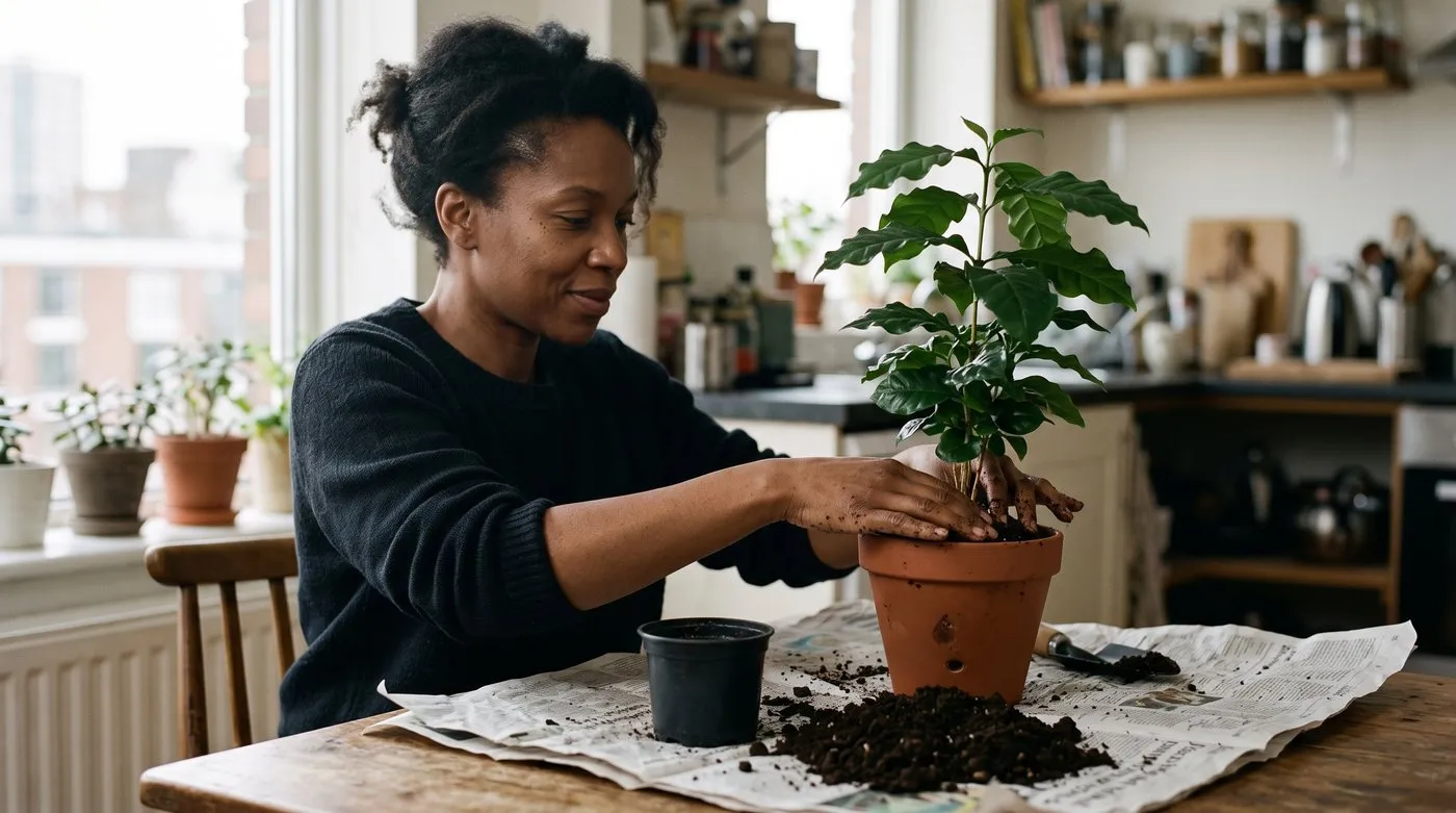 Woman repotting a young coffee plant into a slightly larger terracotta pot on a kitchen table