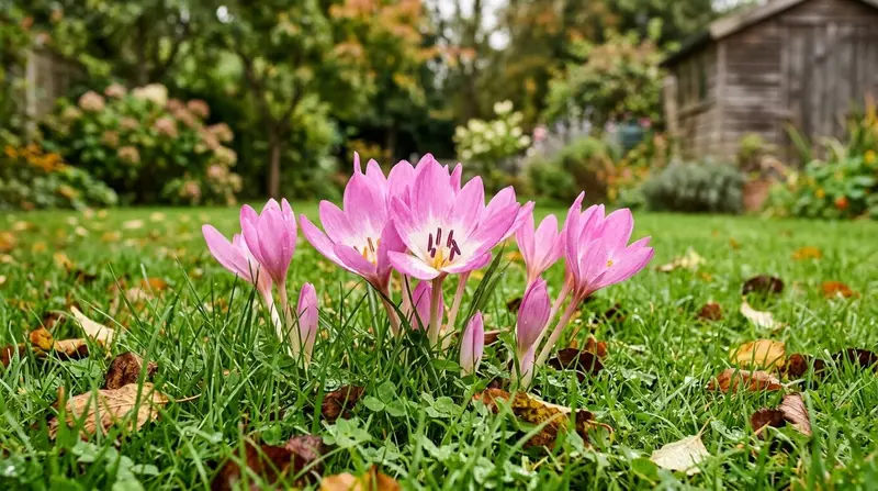 Pink colchicum autumn crocus flowers blooming in a UK garden lawn in September without leaves