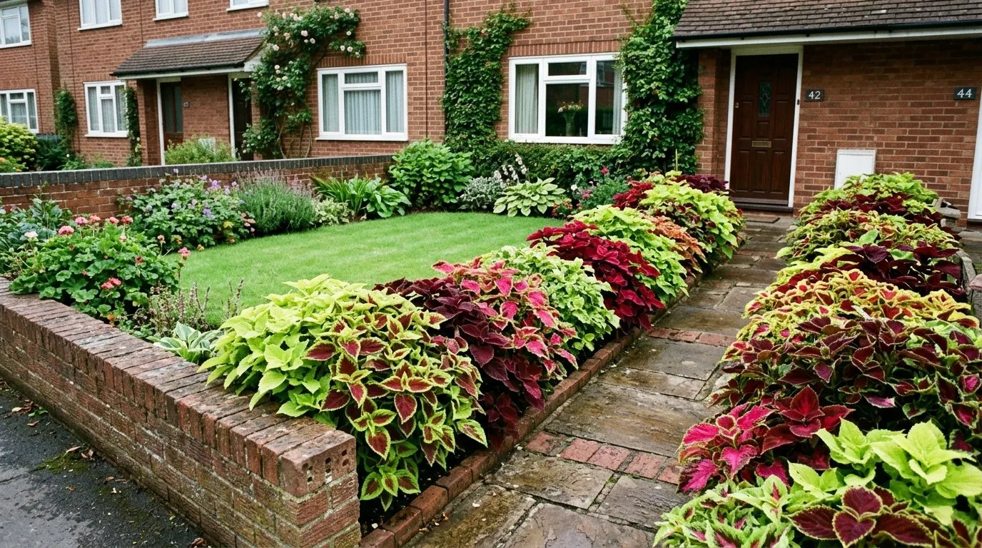 Mixed coleus bedding in burgundy, lime and pink edging a suburban UK front garden path