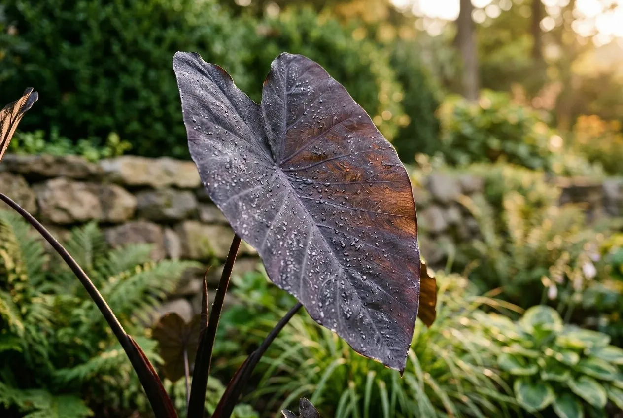 Close-up of Colocasia Black Magic elephant ear with matte purple-black heart-shaped leaves backlit by low sun