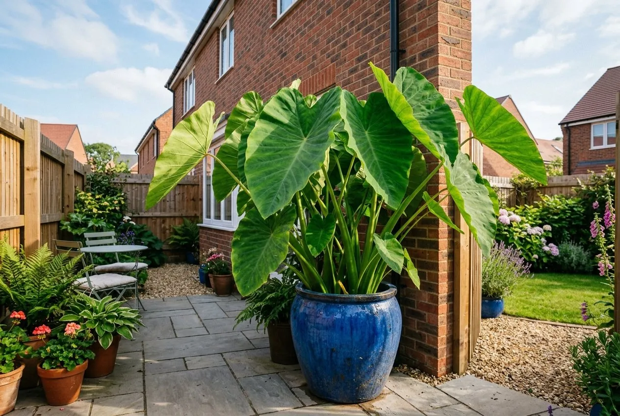 Large green Colocasia elephant ear growing in a big glazed container on a small paved UK patio in a sheltered corner