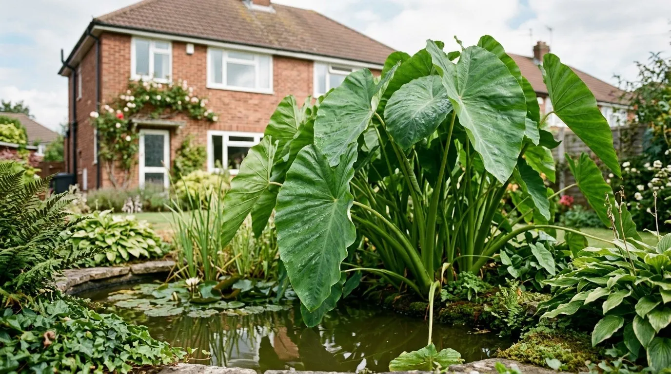 Large green Colocasia elephant ear leaves growing at the margin of a small suburban UK garden pond