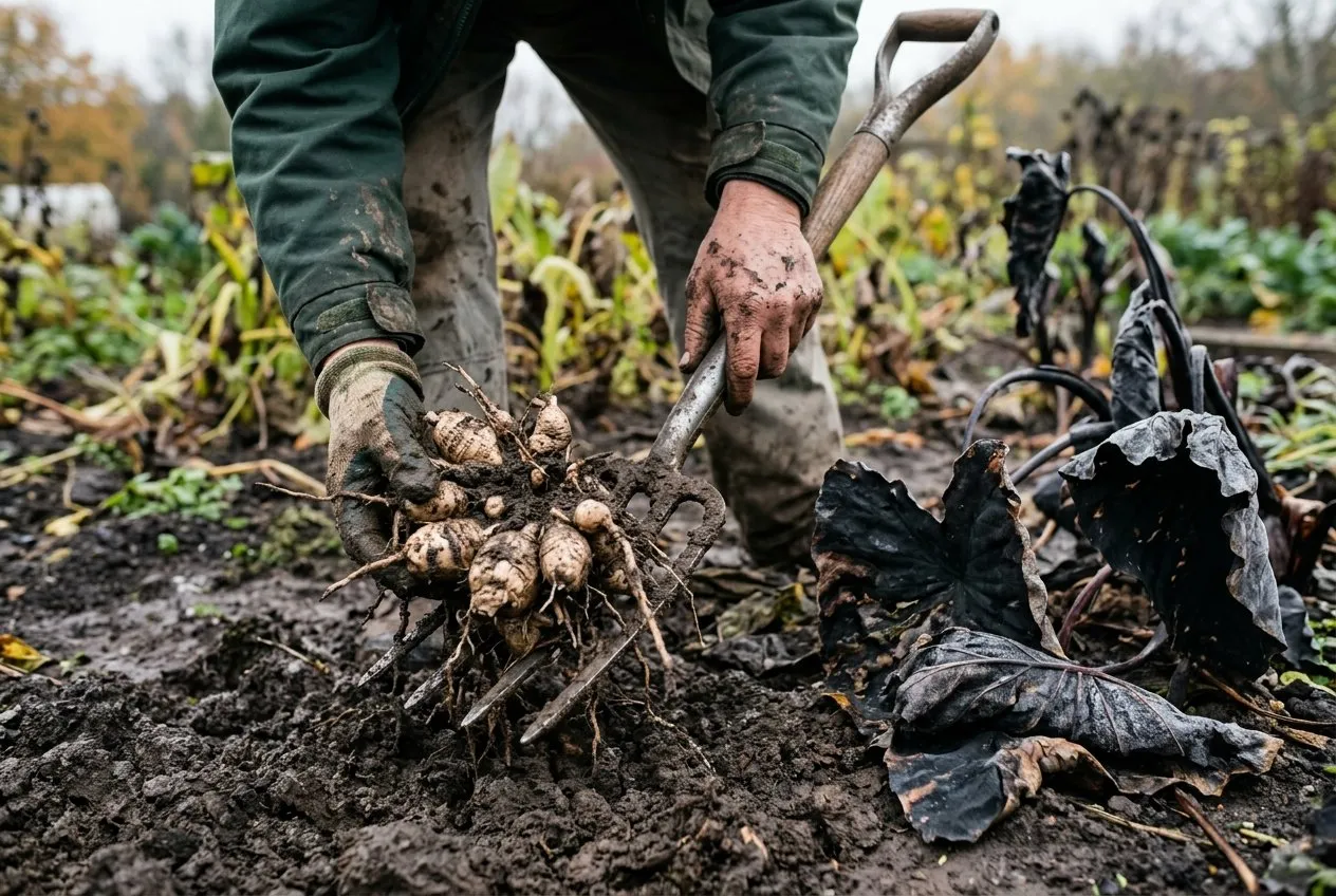 Muddy hands lifting a clump of pale Colocasia tubers from dark soil with a garden fork after the first autumn frost