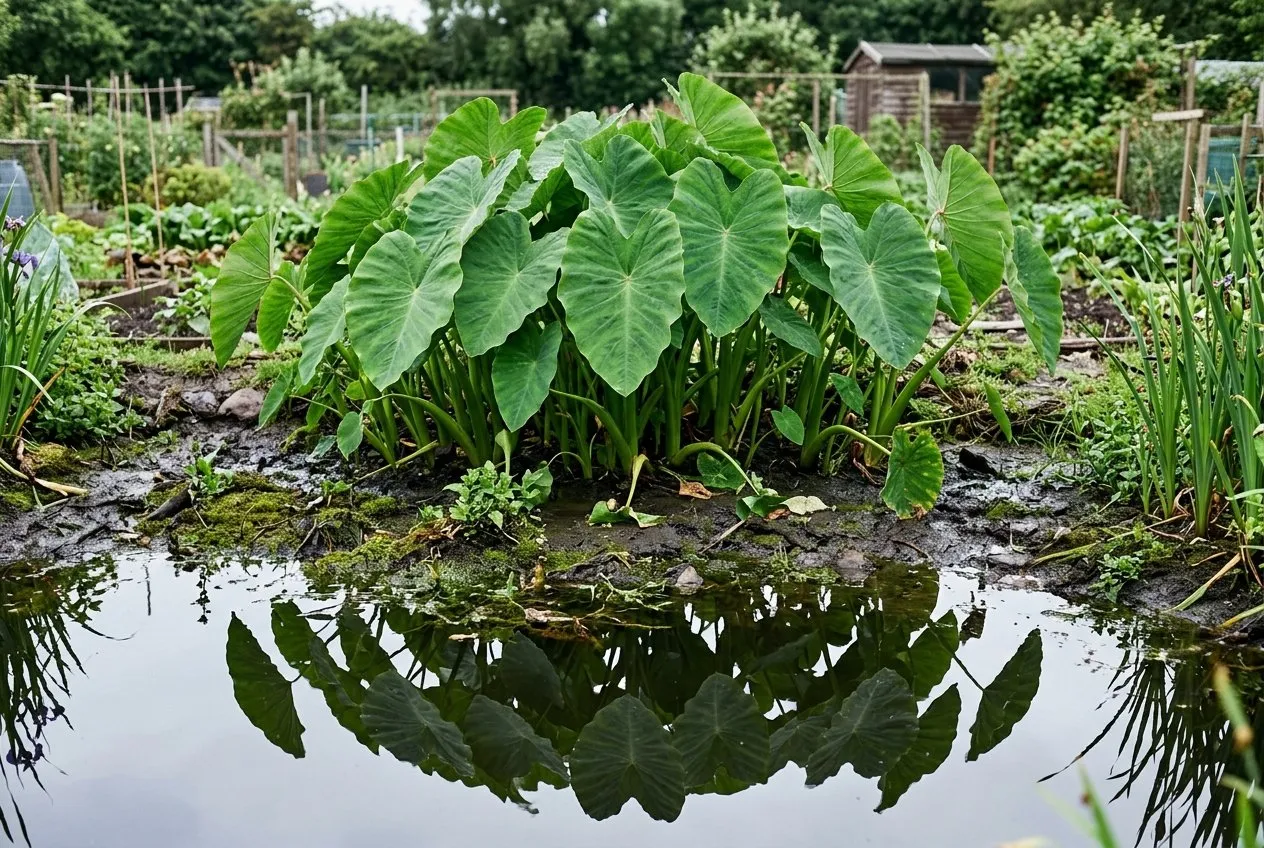 Green Colocasia elephant ears growing in boggy ground at the margin of a wildlife pond on a UK allotment