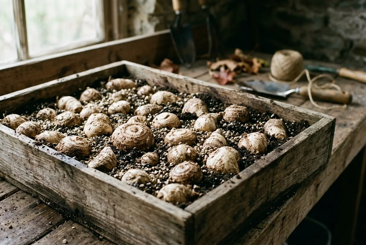 Cleaned pale Colocasia tubers packed into a wooden crate of barely-damp compost and vermiculite for winter storage