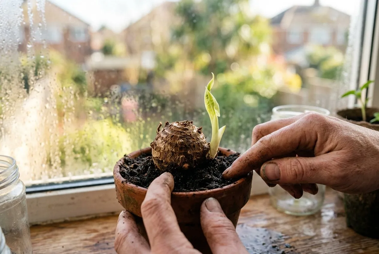 Knobbly brown Colocasia taro tuber sprouting a pale green shoot, potted on a bright windowsill in early spring