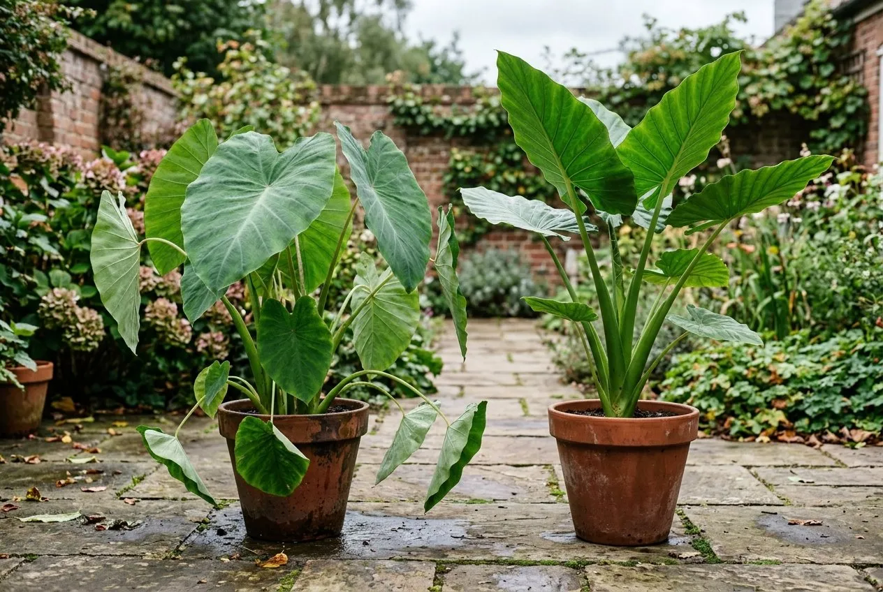 Two elephant-ear plants compared in pots, Colocasia leaves drooping downward beside upright arrow-shaped Alocasia leaves