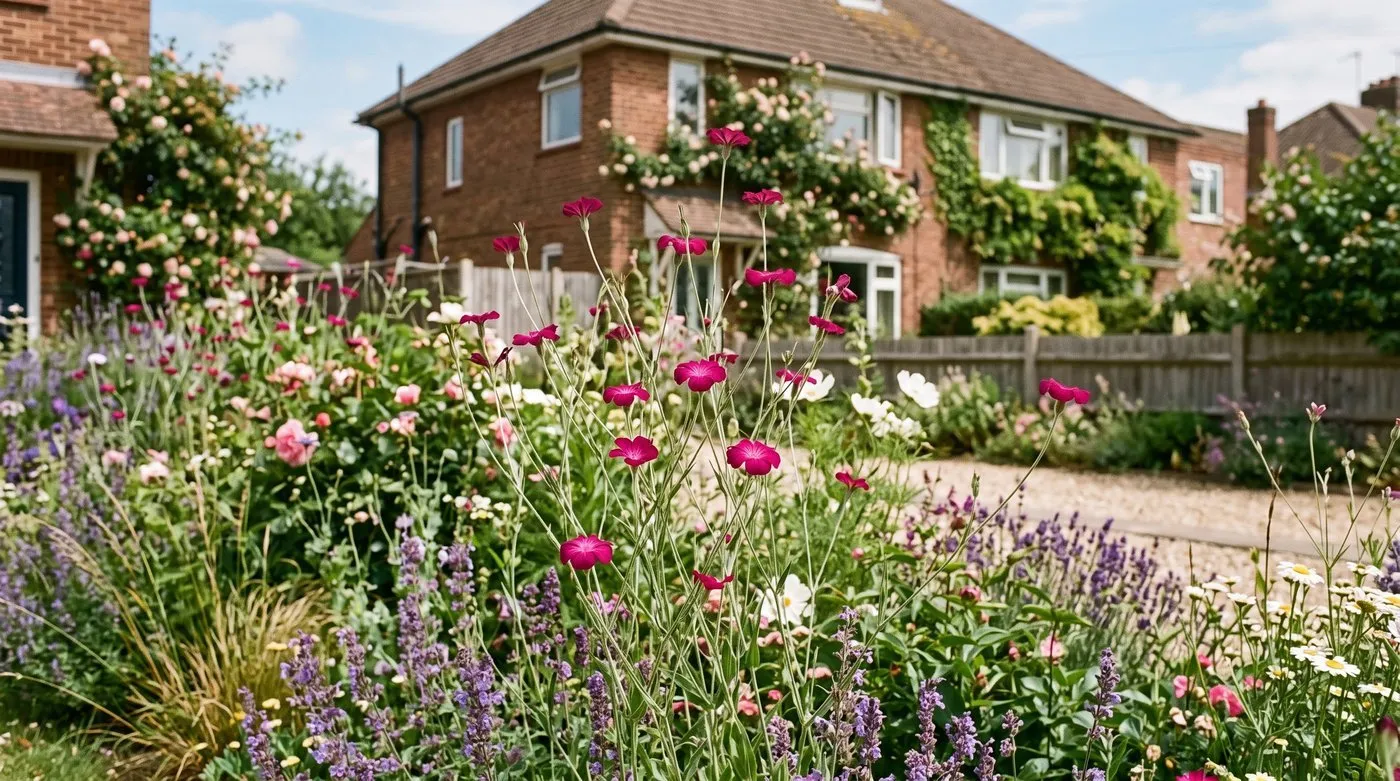 Corncockle mixed into a sunny cottage border alongside other summer flowers in a UK garden