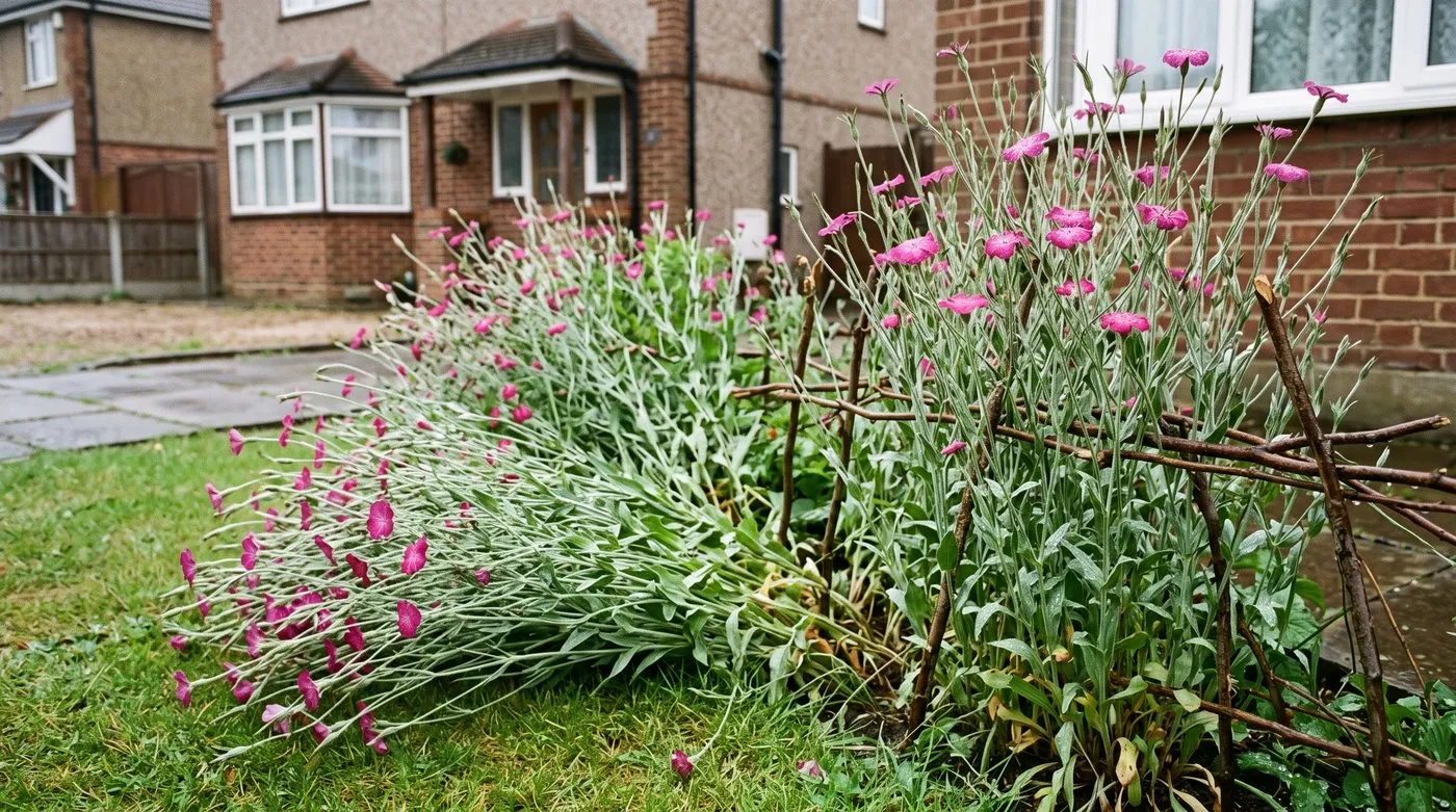 Rain-flattened corncockle stems beside an upright patch held up by twiggy pea sticks