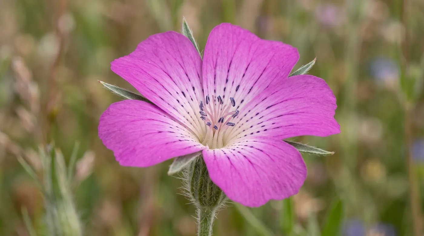 Single corncockle flower close-up showing the pale radiating pencil lines and small dark dots on pink petals