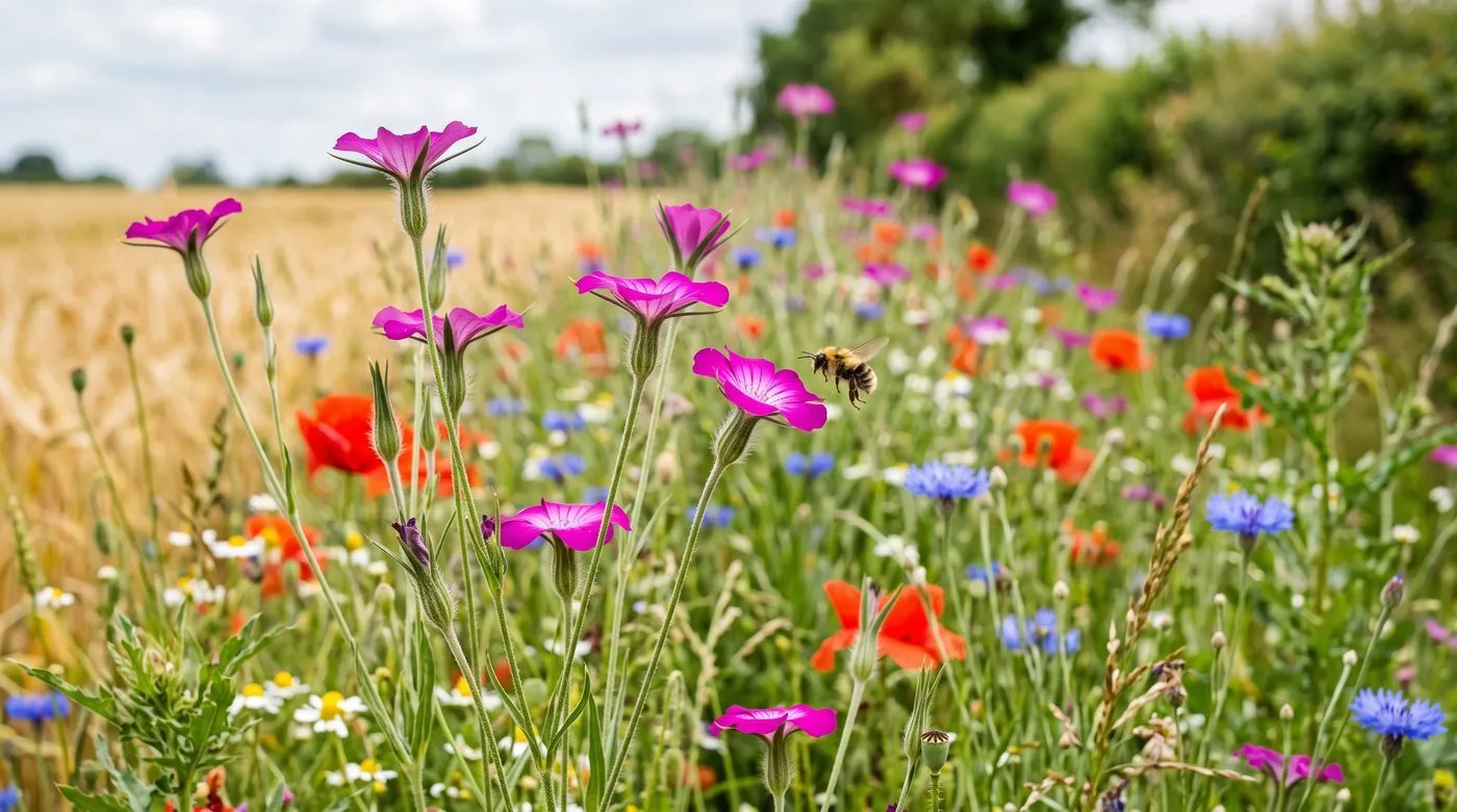 Magenta-pink corncockle flowers among a cornfield-annual planting with poppies and cornflowers and a bee