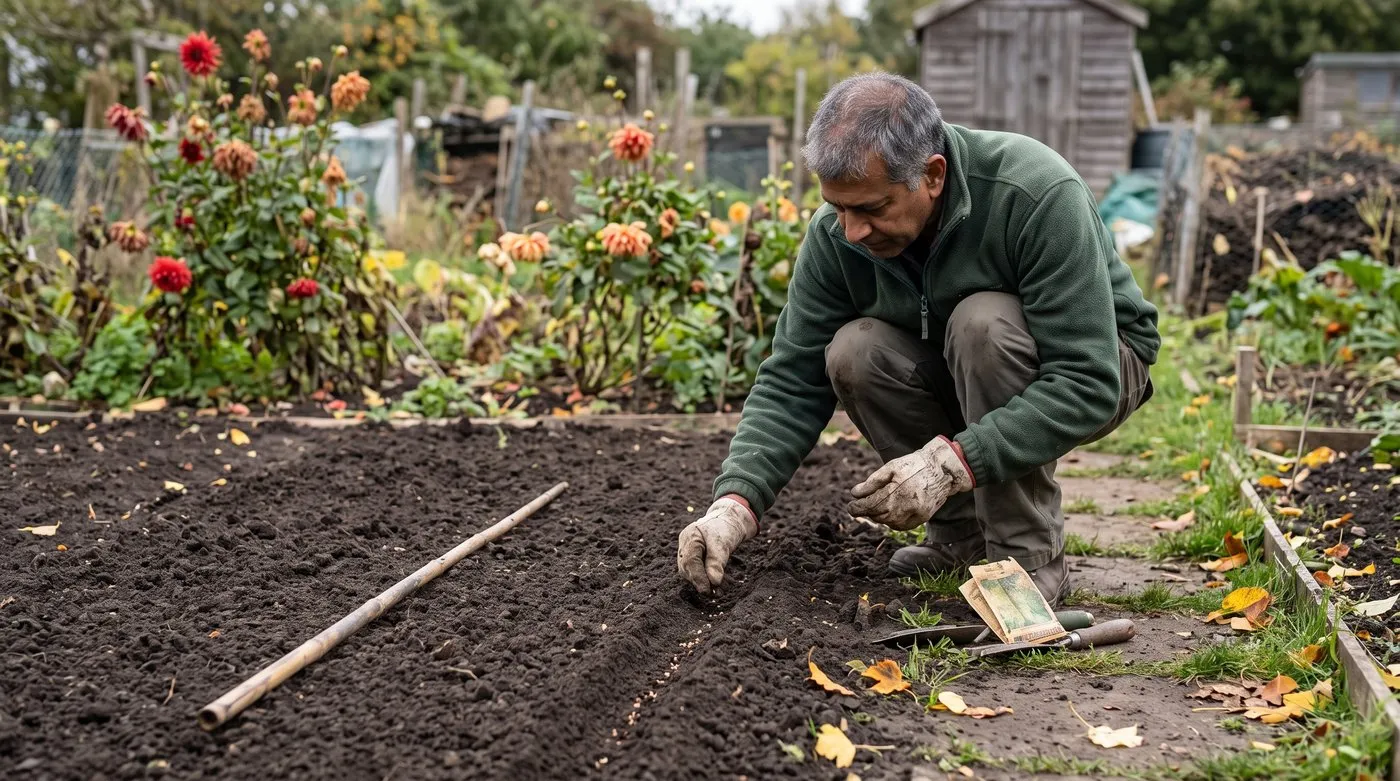 Gardener sowing cornflower seed into a shallow drill on an allotment in September