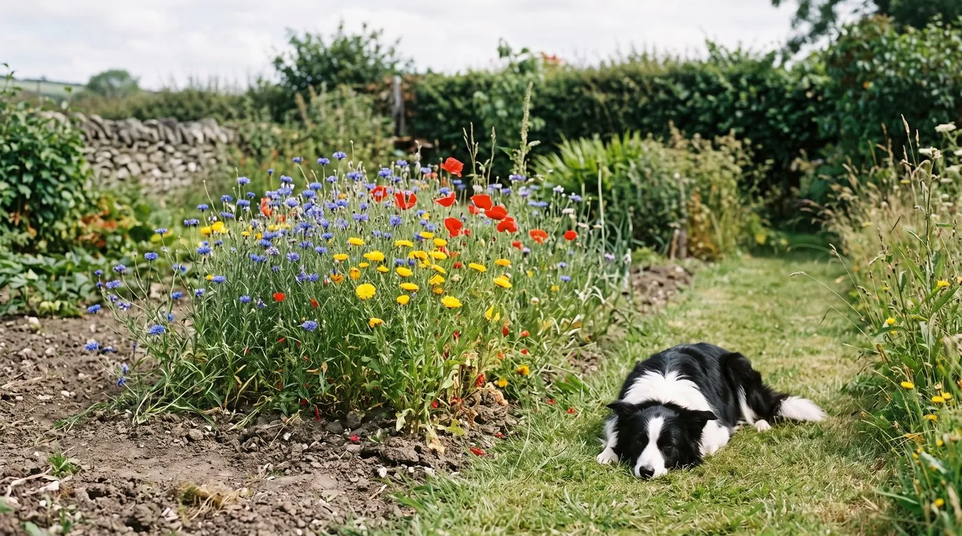 Cornflowers, poppies and corn marigolds in a small cornfield patch with a collie resting nearby