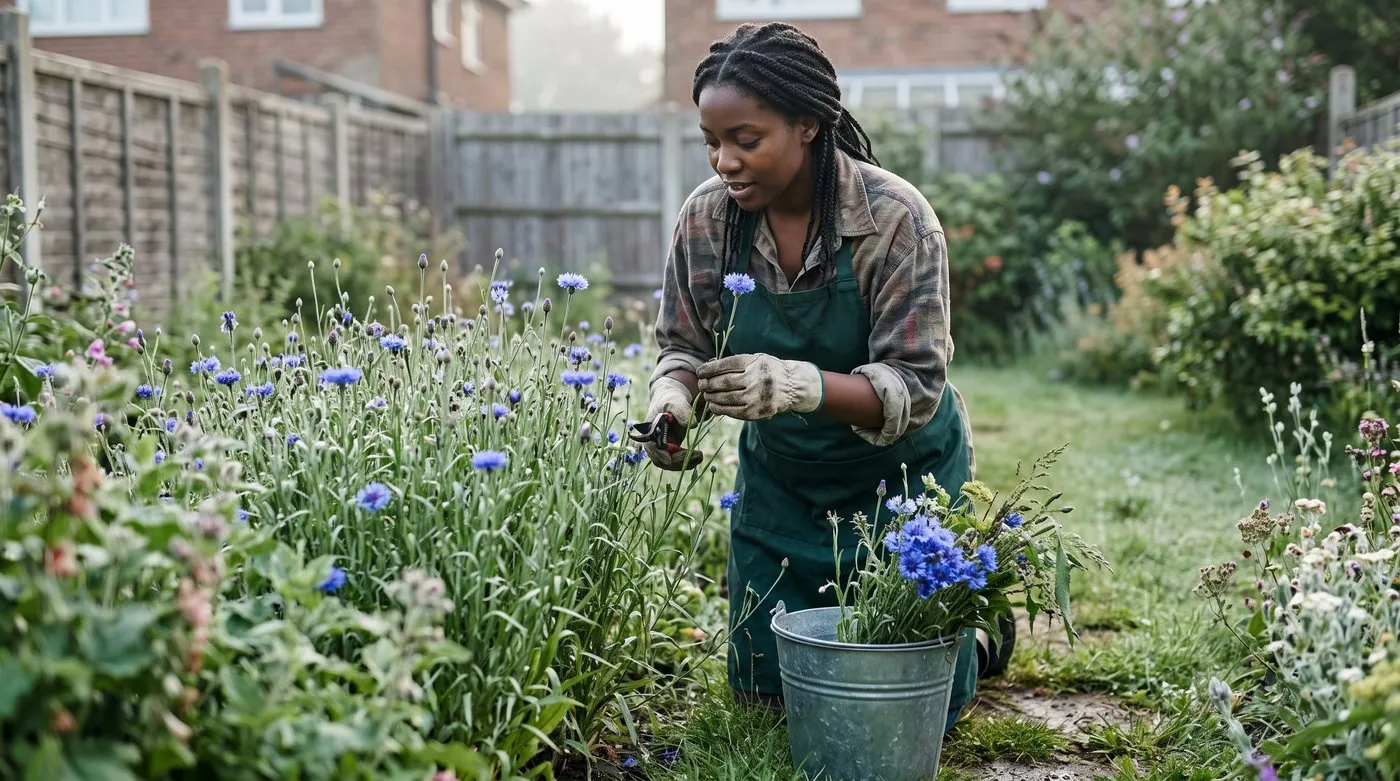 Gardener cutting half-open blue cornflowers into a bucket of water in a cutting patch