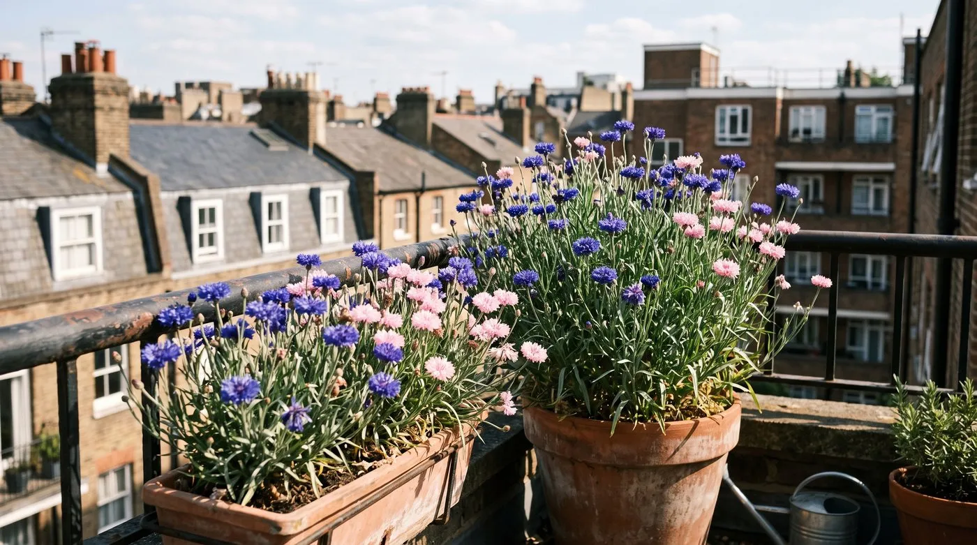 Dwarf blue and pink cornflowers flowering in pots on a sunny city balcony