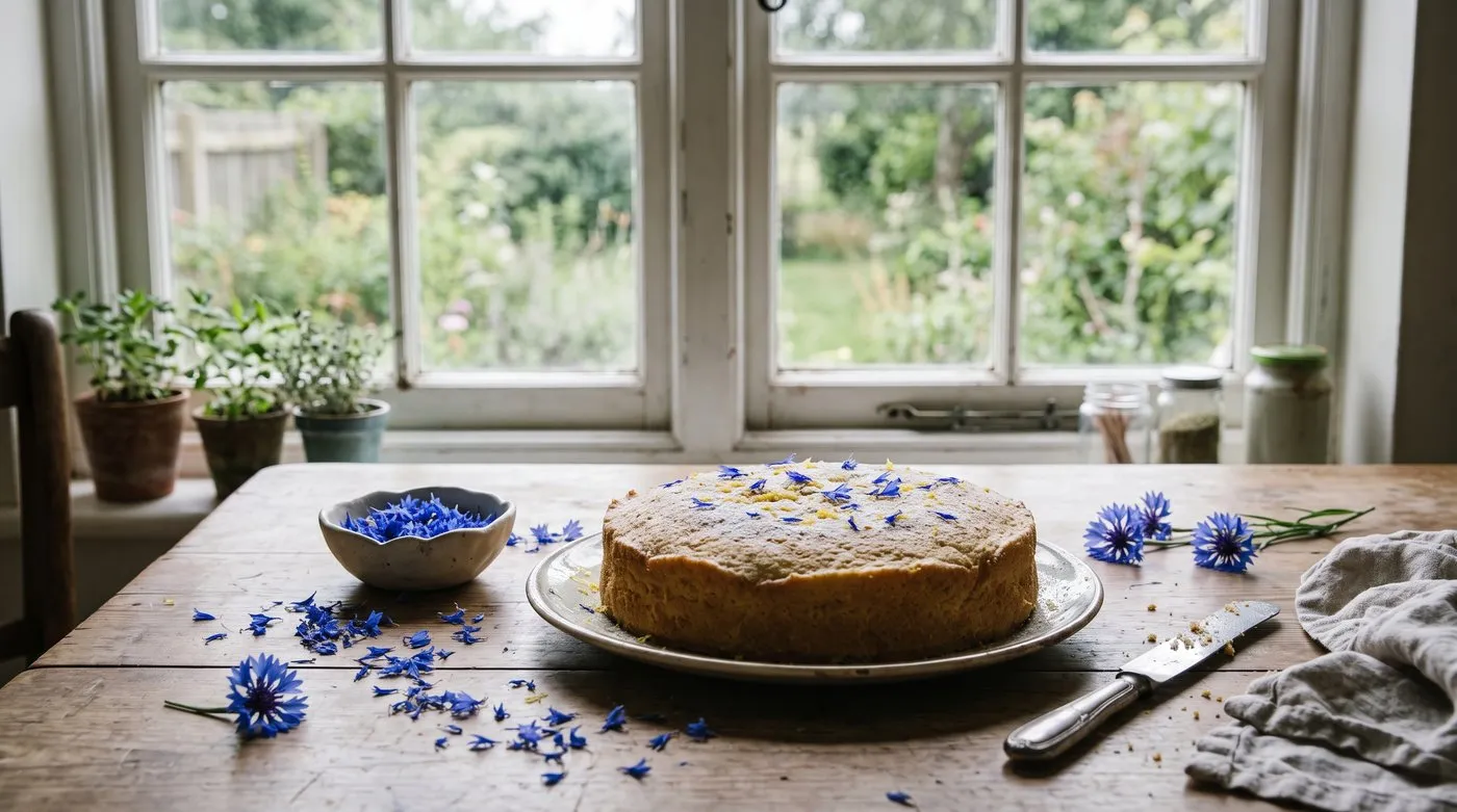 Lemon sponge cake decorated with blue cornflower petals beside a bowl of picked petals